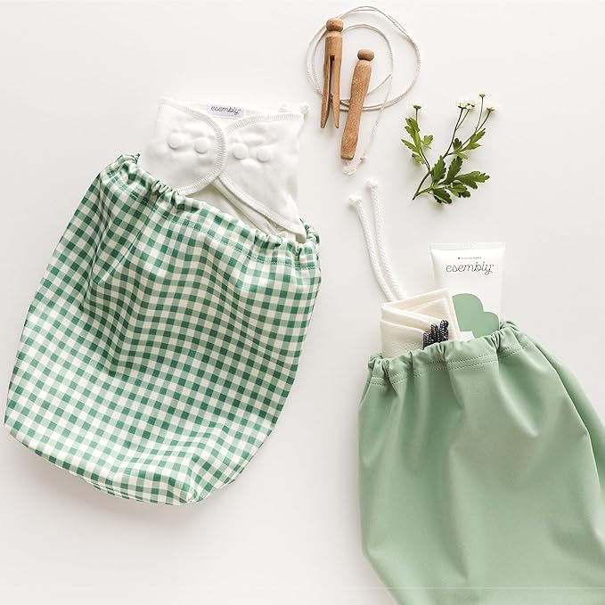 Esembly Ditty Bag Duo - Reusable Waterproof Wet Bags for Cloth Diapers, Swimsuits, Toiletries, and Snacks, Set of 2 - Verdant Gingham + Willow