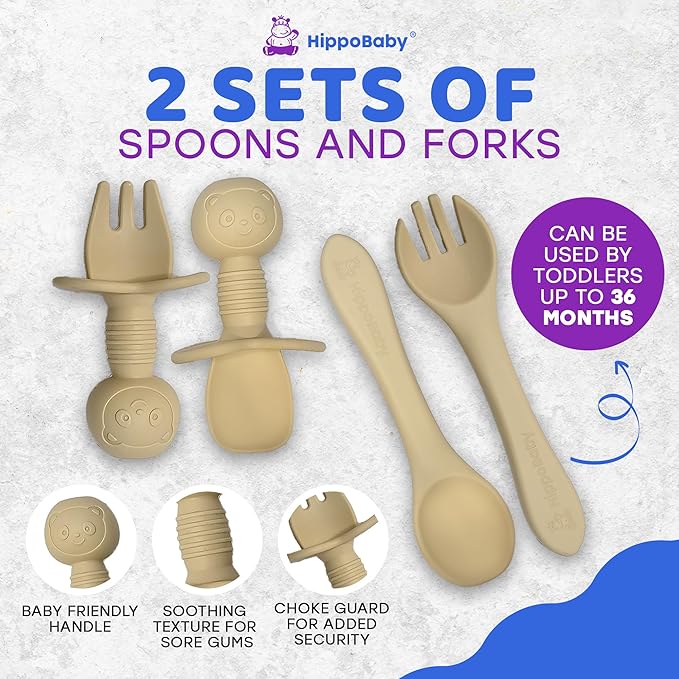 HippoBaby Baby Led Weaning Supplies | 10 Piece Silicone Baby Feeding Set | Baby Toddler Bib Cup Divided Plate and Bowl Self Feeding Spoons Dish Set | Baby Utensils | Toddler Feeding Supplies (Cream)