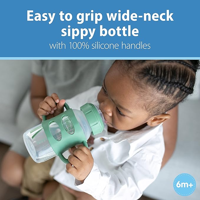Dr. Brown's Milestones 9oz Wide-Neck Sippy Spout Bottle Bundle with Silicone Handles, Soft Sippy Spout, Green and Light Blue, 1-Pack Each, 6m+