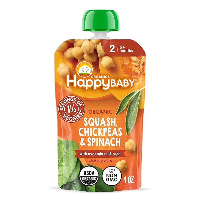 Happy Baby Organics Savory Blends Stage 2 Baby Food, Squash Chickpeas & Spinach with Avocado Oil + Sage, 4 Ounce Pouch (Pack of 16)