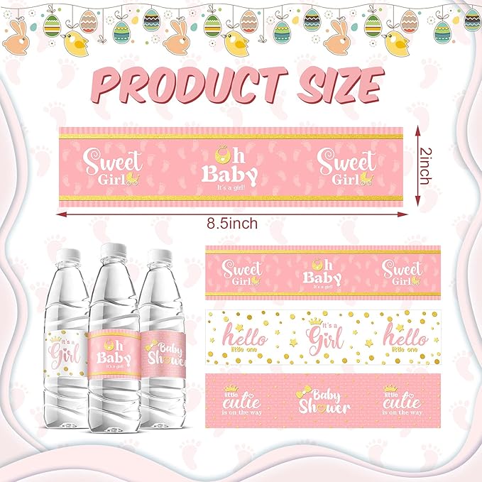 Teling 80 Pieces Baby Shower Water Bottle Labels Waterproof Water Bottle Stickers Wrappers Labels for Baby Shower Party Decoration(Pink Girl Style)