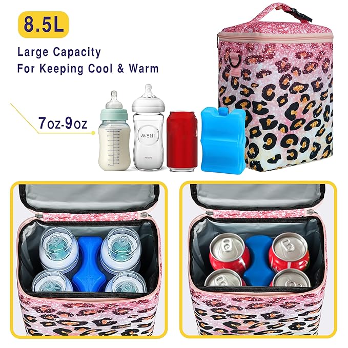 Breastmilk Cooler Bag with Ice Pack Fits 4 Baby Bottles Up to 9 Ounce Insulated Baby Bottle Bag Breast Milk Cooler on The Go with Strap Baby Bottle Cooler Bag for Nursing Mom Daycare or Travel