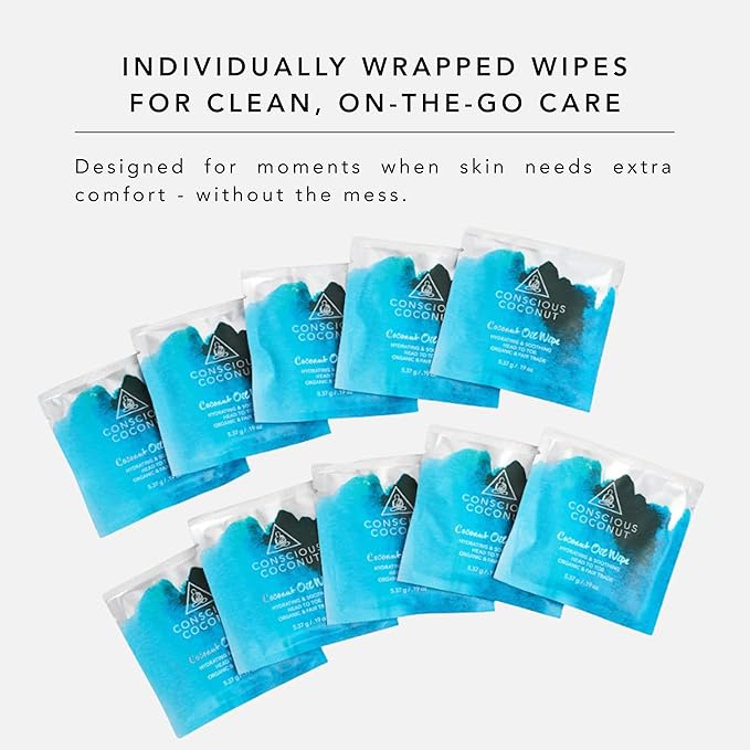 Organic Coconut Oil Baby & Postpartum Wipes – Fragrance-Free, Individually Wrapped, Biodegradable Bamboo Wipes for Newborn & Maternal Skin Care – Conscious Coconut