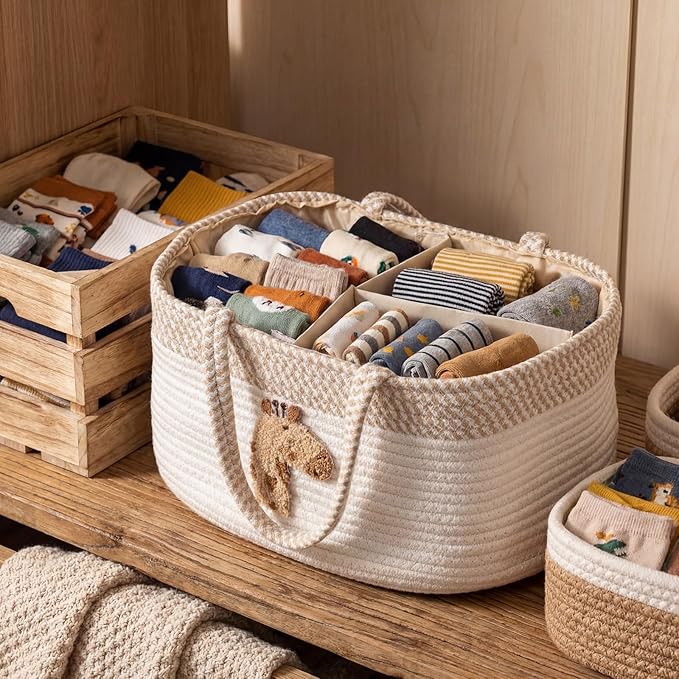 Diaper Caddy Organizer Cotton Rope Diaper Caddy Basket Cute Giraffe Empty Gift Basket Nursery Storage Bin and Car Organizer with Removable Divider Baby Shower Gifts Newborn Essentials