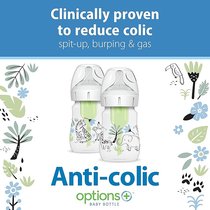 Dr. Brown's Anti-Colic Options+ Wide-Neck Baby Bottles, Jungle and Ocean Decos, 5 oz / 9 oz, Level 1 Nipple 2-Packs, 0m+