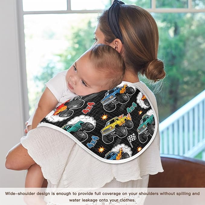 1 Pack Muslin Burp Cloths Monster Truck Black Print Cotton Baby Burp Cloths Absorbent Soft Burping Cloth Washcloths for Newborn Babies 22x11 Inch