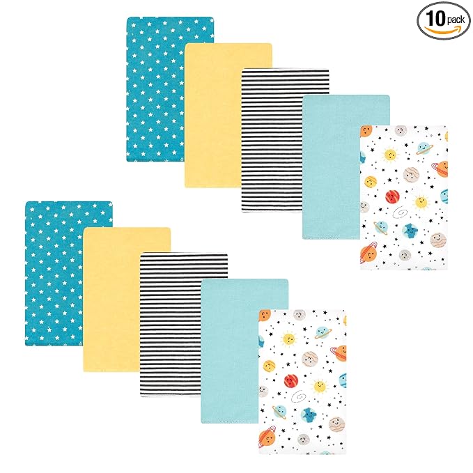 Hudson Baby Unisex Baby Cotton Flannel Burp Cloths, Happy Planets 10 Pack, One Size