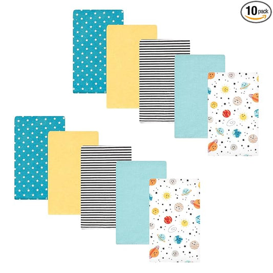 Hudson Baby Unisex Baby Cotton Flannel Burp Cloths, Happy Planets 10 Pack, One Size