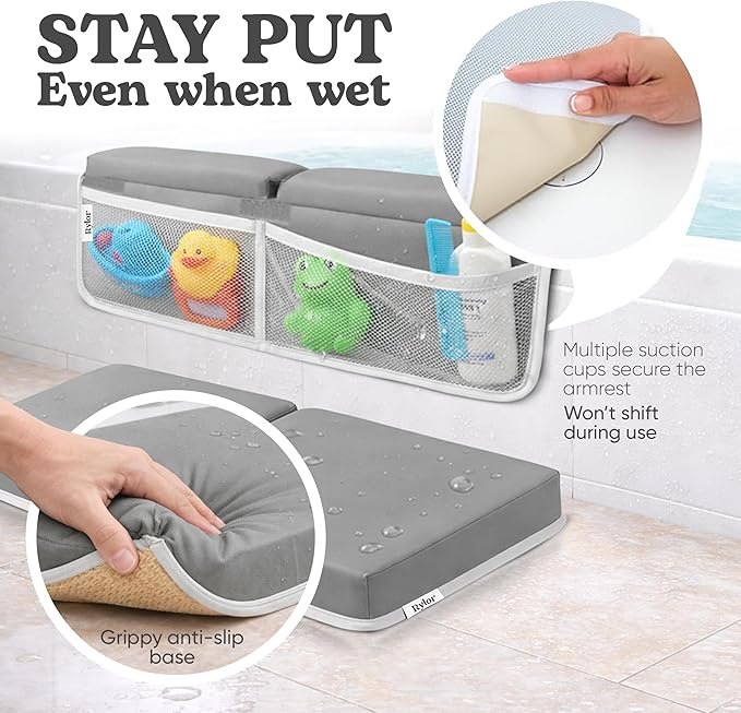 Rylor Premium Baby Bath Kneeler Mat & Elbow Rest Pad Set – Comfortable Bath Kneeler and Elbow Kneeling Rest Pad for Parents, Extra Long 26'', 2.4'' Thick, Non-Slip Support for Easy Bath Time (Gray)