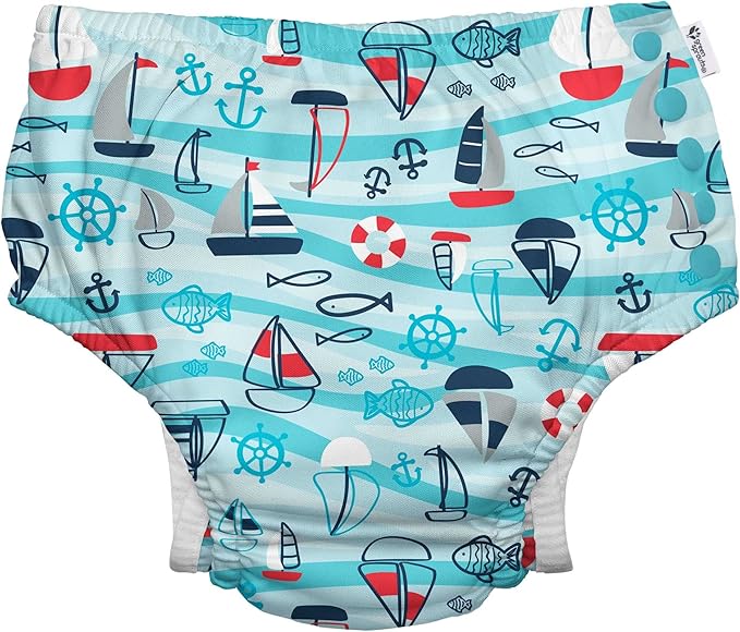 i play. by green sprouts Reusable, Eco Snap Swim Diaper with Gussets, UPF 50, 18 mo, Aqua Wavy Nautical, Patented Design, STANDARD 100 by OEKO-TEX Certified