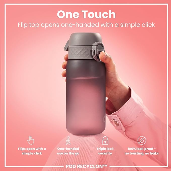 Ion8 Small Water Bottle, 350 ml/12 oz, Leak Proof, Easy to Open, Secure Lock, Dishwasher Safe, BPA Free, Carry Handle, Hygienic Flip Cover, Easy Clean, Odor Free, Carbon Neutral, Grey
