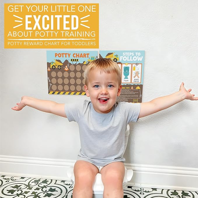 Hadley Designs Potty Training Chart for Toddlers Boys -10 Sticker Potty Chart for Toddlers Boys, 8.5x11" Potty Training Sticker Charts for Toilet Success, Construction Toddler Reward Chart for Kids