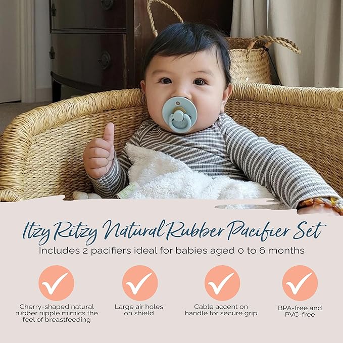 Itzy Ritzy 47" x 47" Breastfeeding Boss Multi-Use Cover, Swaddle & 2-Pack 0-6 Month Cherry Nipple Natural Rubber Pacifiers