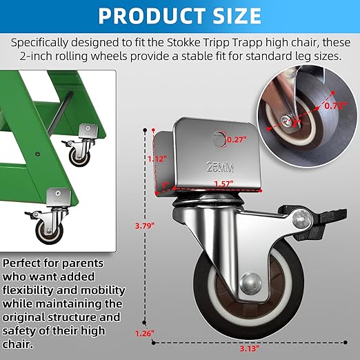 4-Pack 360° Rotation Metal Baby Highchair Wheels Compatible with Stokke Tripp Trapp High Chair, 2-Inch Silent Casters with Steel Brackets and 8-Pcs Screws, Wheels for Tripp Trapp Highchair