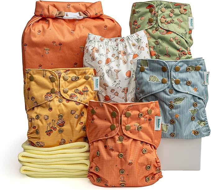Kinder Cloth Diapers Reusable Baby Diapers Pocket Style Athletic Wicking Jersey, Bamboo Viscose Inserts, Wet Bag, Newborn to Potty Training 7-60lbs, One Size (Forest Fairytale, 5 Pack, with Inserts)