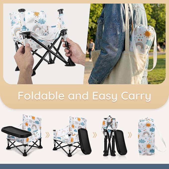 Toddler Booster Seat for Kitchen Chair & Travel - Portable Foldable with Removable Tray, Baby Camping Chair 6-36 Months Indoor Outdoor (White Cloud Design)