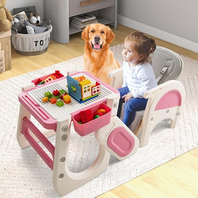 BABY JOY Baby High Chair, 8 in 1 Convertible High Chairs for Babies and Toddlers, Building Block Table and Chair Set, Adjustable Backrest, Removable Double Tray, Storage Boxes, Safety Harness (Pink)