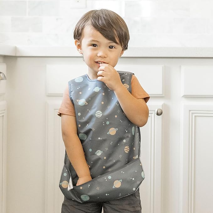 Tiny Twinkle Mess Proof Baby Bibs | 2 Pack Waterproof Toddler Bib for Eating | Baby Apron for Feeding, Machine Washable, Perfect Shower Gift (Space,Black Checkers, 6–24M)