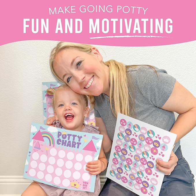 Hadley Designs Potty Training Chart for Toddlers Girls -10 Sticker Potty Chart for Toddlers Girls, 8.5x11" Potty Training Sticker Charts for Toilet Success, Princess Toddler Reward Chart for Kids