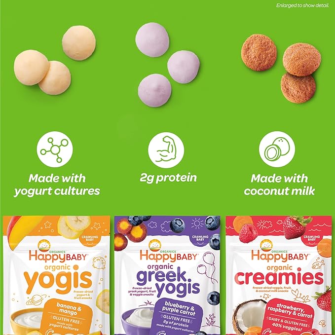 Happy Baby Organics Yogis Freeze-Dried Yogurt & Fruit Snack, Strawberry, 1 Ounce (Pack of 8) packaging may vary