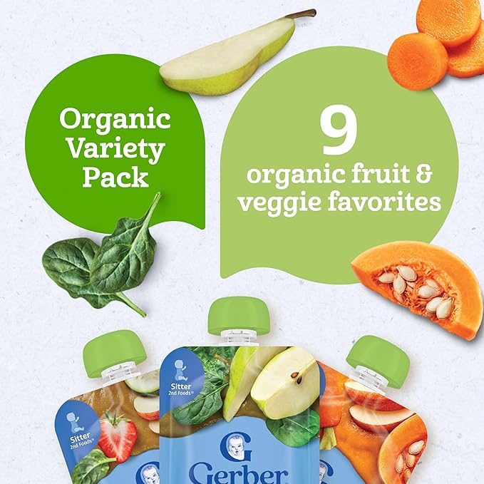 Gerber Stage 2 Baby Food, Organic Fruit and Veggie Favorites Puree Pouches Variety Pack, No Added Sweetener, Baby Food Pouches, 9-Pack