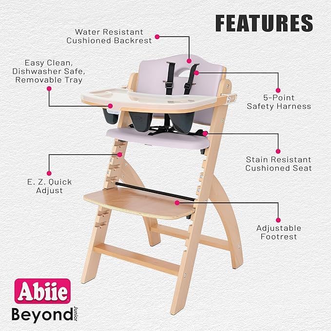 Abiie Beyond Junior Wooden High Chair for Babies and Toddlers - Convertible 3-in-1 Baby Highchair with Removable Tray - 6 Months to 250 Lb - Water Resistant - Natural Wood with Lilac Cushion