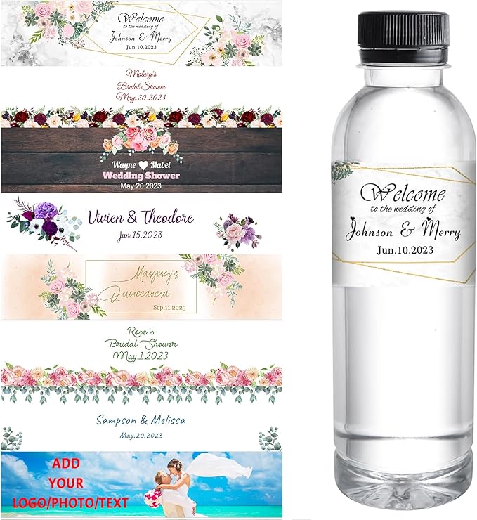 Personalized Water Bottle Labels for Wedding - Custom Labels With Name, Waterproof Printable Photo Stickers - Bridal Shower Gifts, 50 Pcs