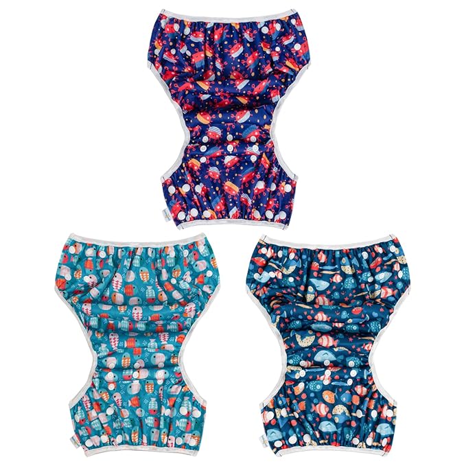 Babygoal Baby Boy Swim Diapers 3 Pack for 0-8 Months Infant, Reusable Adjustable Washable for Swimming Lessons-Crab,Fish,Starfish