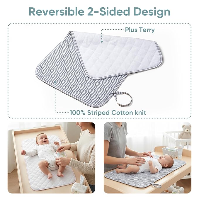 Spirich 3-Pack Reversible Changing Pad Liners, Waterproof & Wipeable Diaper Changing Mat, Thick Terry & 100% Cotton Knit, Portable Baby Changing Pad