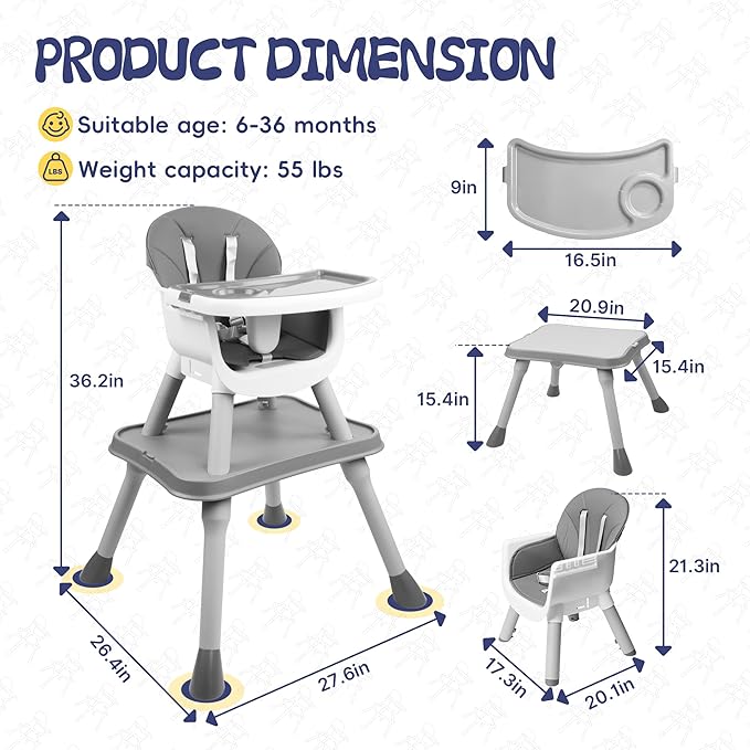 5 in 1 Baby High Chair, Toddler Chair with Removable Tray, Convertible High Chairs for Babies and Toddlers, Kids Learning Table, Building Block Table, Dining Booster Seat with Safety Harness, Gray