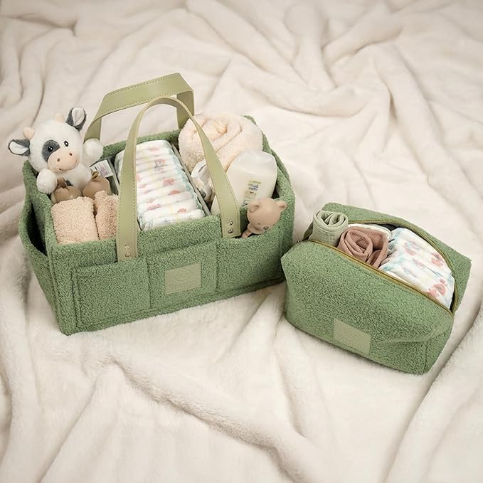 Baby Diaper Caddy Organizer with Handle & Toiletry Bag, Portable Nursery Storage Basket for Newborn Essentials, Baby Registry Must Have