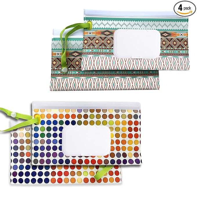 4 Pack Reusable Wipes Pouch Portable Wipes Dispenser Refillable Wipes Container Lightweight Travel Wipes Case Baby Wipes Holder for Diaper Bag