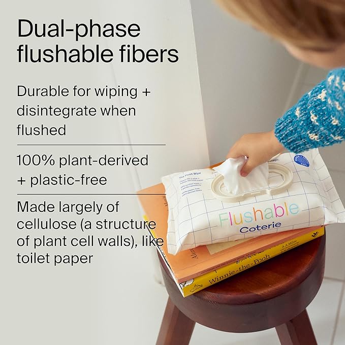 Coterie Flushable Wipes for Toddlers, Designed for Potty Training, Safe for Sensitive Skin, Hypoallergenic, 99% Water, Plant-Based, Fragrance Free, Sewer & Septic Safe, 4 Pack (224 Wipes)