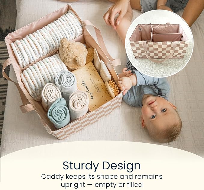 Tiny Twinkle Diaper Caddy Organizer | Foldable Baby Storage Basket with Removable Divider | Waterproof & Mess-Proof Fabric, Portable Nursery Organizer for Newborn Essentials (Blue Checkers)