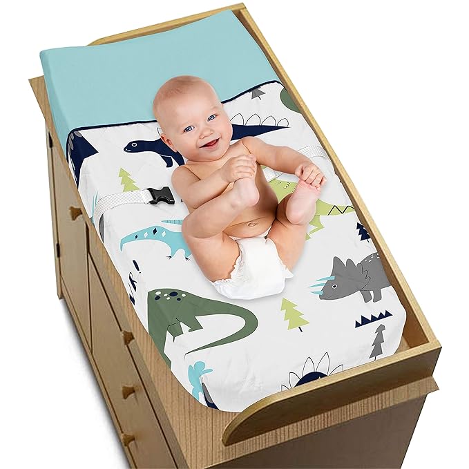 Sweet Jojo Designs Blue Green Modern Dinosaur Boy Baby Changing Pad Cover – Infant Newborn Diaper Table Change Mat Sheet - Turquoise Navy Boho Bohemian Mod Dinosaurs Prehistoric Grey and White Volcano