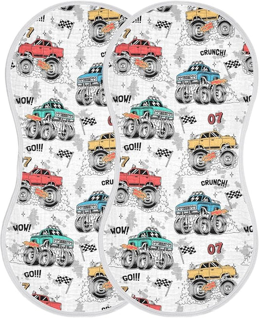 Muslin Burp Cloths for Baby Boys and Girls - 2-Pack Ultra Absorbent Monster Trucks Muslin Washcloths, Newborn Towel, Milk Spit Up Rags, Burp Cloth Bibs for Unisex, 22 x 11 Inch