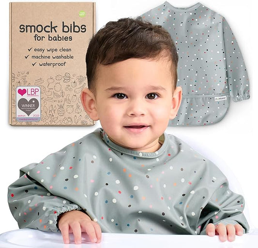 Waterproof Smock Baby Bibs for Eating (Boy or Girl 6-24 Months) - Toddler Long Sleeve Bib for Baby Led Weaning
