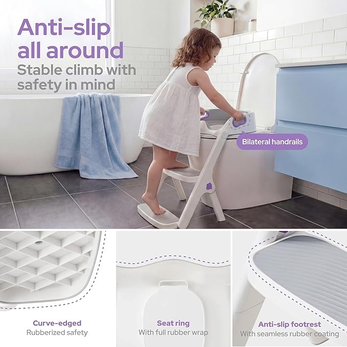 lalalark Potty Training Seat, 2-in-1 Toddler Toilet Seat with Steps, Upgrade Potty Step Stool for Toddler with Anti-slip Pad Step Stool, Extended Splash Guard, Foldable Potty Ladder Boys Girls, Purple