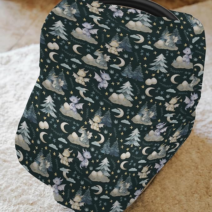 Fairytale Dragons Car Seat Cover for Babies Cute Dragon Moon Stars Clouds Trees Eggs Stretchy 5-in-1 Cover Adjustable Car Canopy Breastfeeding Cover Fantasy Animal Breathable Nursing Cover-Up