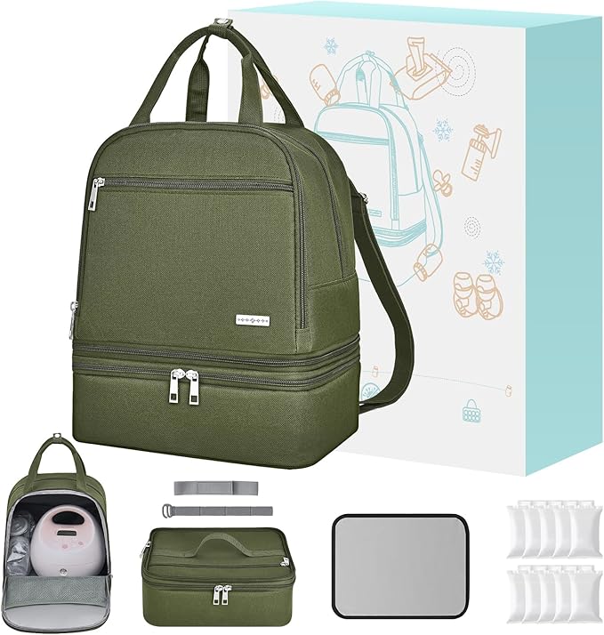 Breast Pump Bag with Insulated Cooler, Double-Layer Pumping Bag for Work & Travel, Fits Most Electric Breast Pumps, Includes 10 Ice Packs & Waterproof Mat, Detachable Bottle Cooler Tote, Green
