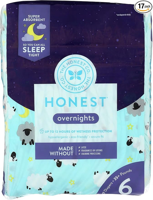 Honest, Overnight Diapers Sleepy Sheep Size 6, 25 Ounce, 17 Count