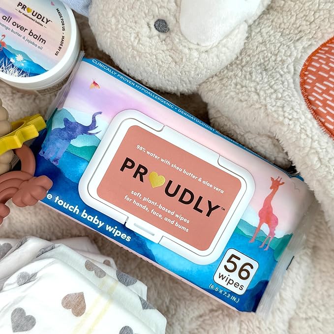 PROUDLY Gentle Touch Baby Wipes, Unscented & Hypoallergenic Wipes for Sensitive Skin, 98% Water, Shea Butter and Aloe Vera, 6 Flip-Top Packs (336 Wipes Total)