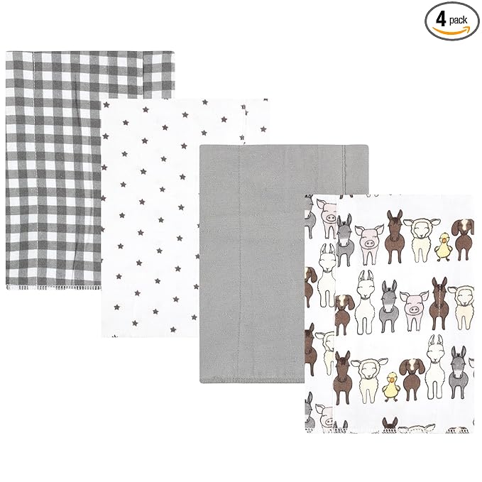 Hudson Baby Unisex Baby Cotton Flannel Burp Cloths 4-Pack, Farm Friends Grey, One Size