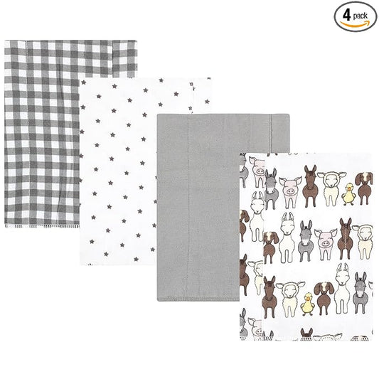 Hudson Baby Unisex Baby Cotton Flannel Burp Cloths 4-Pack, Farm Friends Grey, One Size