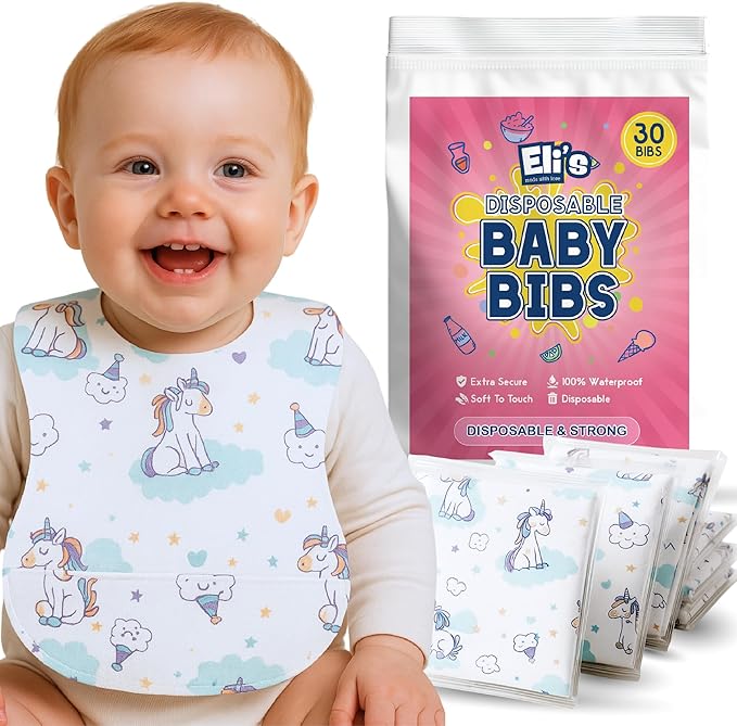 Eli with Love Disposable Bibs Individually Wrapped Bib with Crumb Catcher - Waterproof Baby Bibs For Feeding