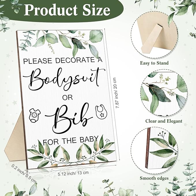 Roowest 35 Pcs Baby Shower Bibs Games Design Wooden Baby Shower Party Game Sign DIY Bodysuit Sign 15 White Blank Bibs 9 Bodysuit 10 Markers for Party Supplies(Greenery)