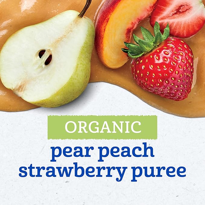 Gerber Stage 2 Baby Food, Organic Pear Peach Strawberry Puree Pouch, 2 Servings of Fruit, No Added Sweetener, No Artificial Colors or Flavors, 12-Pack
