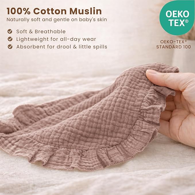 Konssy Muslin Baby Bibs for Girls – Soft 100% Cotton Drool Bibs, Ruffle Trim for Newborns & Toddlers 0-36 Months 3-Pack