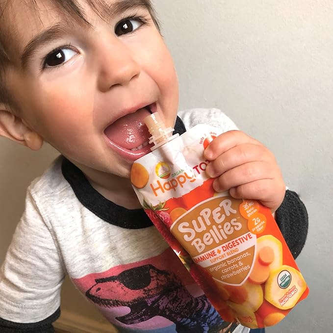 HAPPYTOT Organics Stage 4 Baby Food Pouches, Gluten Free, Vegan Snack, Super Bellies, Fruit & Veggie Puree, Banana, Carrot & Strawberry 4 Ounce (Pack of 16)