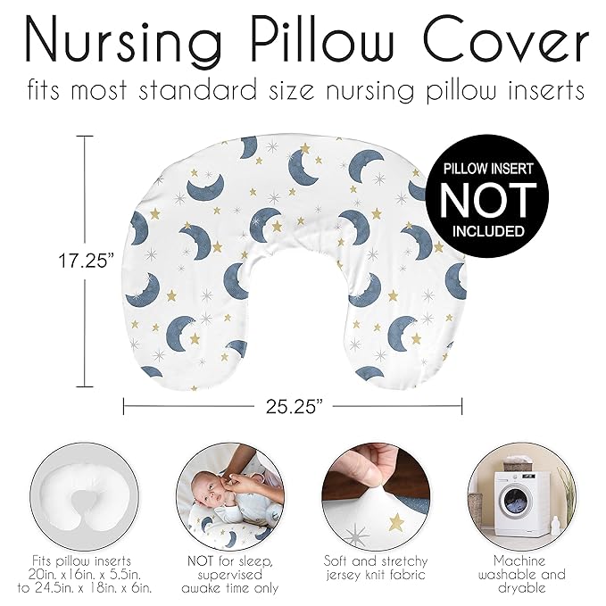 Sweet Jojo Designs Moon and Star Nursing Pillow Cover Breastfeeding Pillowcase for Newborn Infant Bottle Breast Feeding Pillow NOT Included - Navy Blue and Gold Watercolor Celestial Sky Gender Neutral